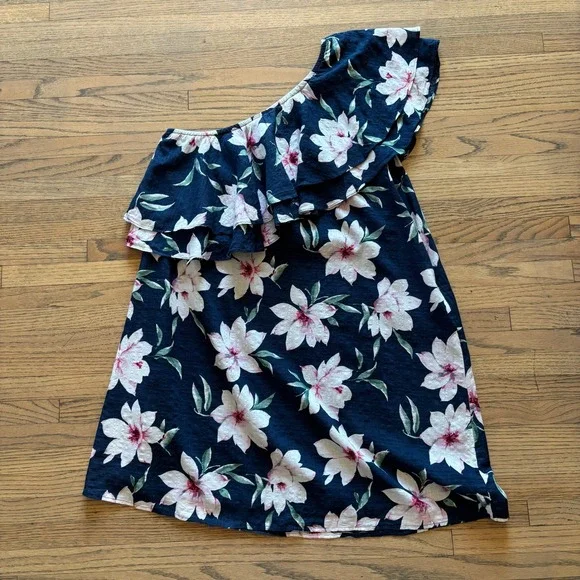 Lulus Navy Blue Floral One Shoulder Ruffle Mini Dress XL Tropical Summer Boho - Picture 8 of 8